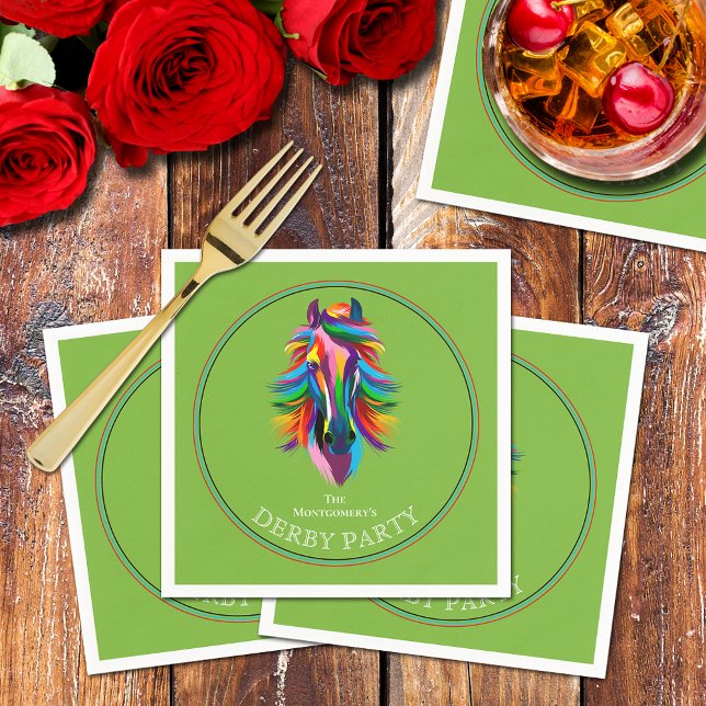 Farbenfrohe Racehorse Derby Party Green Serviette (Colorful racehorse on green Derby party cocktail napkins)