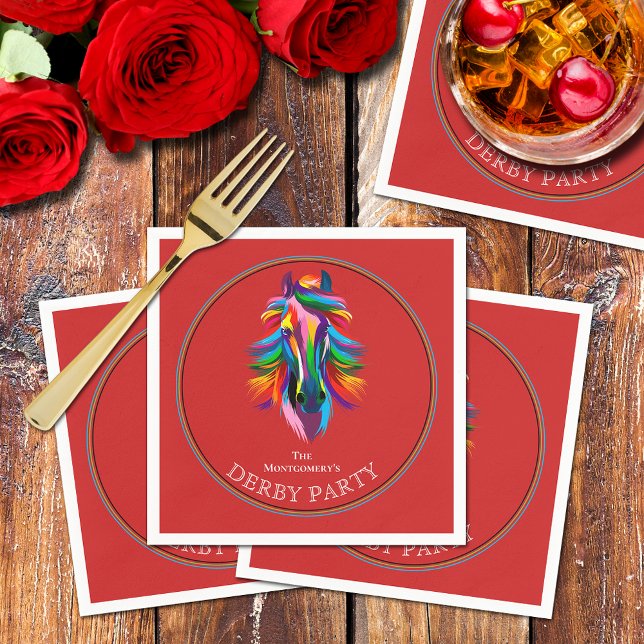 Farbenfrohe Racehorse Derby Party Red Serviette (Colorful racehorse on red Derby party cocktail napkins)