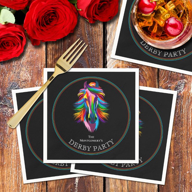 Farbenfrohe Racehorse Derby Party Serviette (Colorful racehorse on black Derby party cocktail napkins)