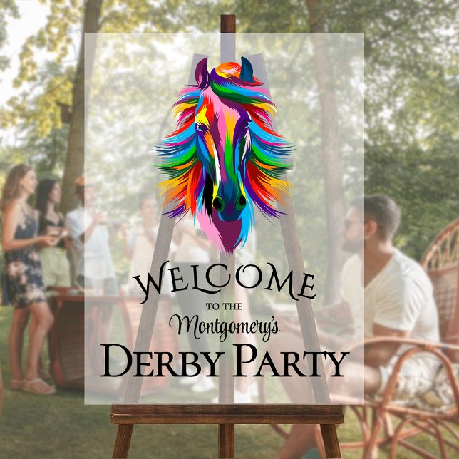 Farbenfrohe Racehorse Derby Party Willkommen Acrylschild (Colorful racehorse on frosted derby party personalized acrylic welcome sign)