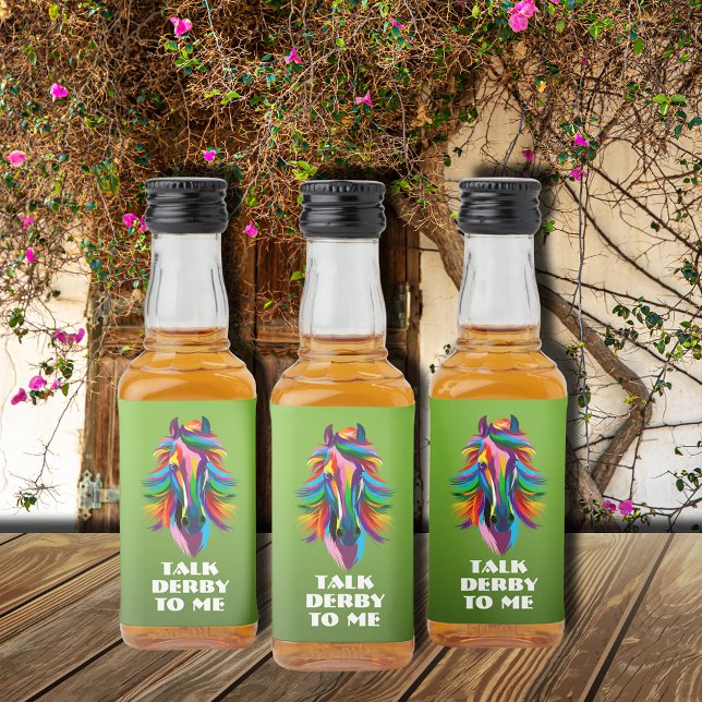 Farbenfrohe Racehorse Erlebnis Derby mit mir Mini Alkoholflaschenetikett (Colorful racehorse head Talk Derby to Me mini liquor bottle labels for favors or to serve guests)