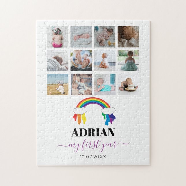 Farbenfrohe Rainbow Baby First Year Foto Collage Puzzle (Vertikal)
