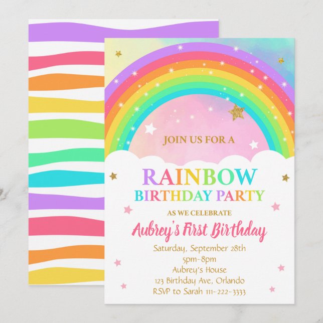 Farbenfrohe Rainbow Birthday Party Einladung (Vorne/Hinten)