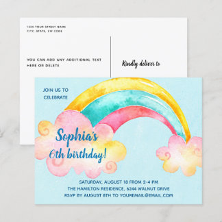 Farbenfrohe Rainbow Birthday Party Einladung Postkarte