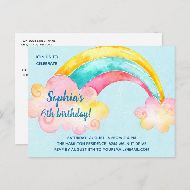 Farbenfrohe Rainbow Birthday Party Einladung Postkarte (Vorne/Hinten)