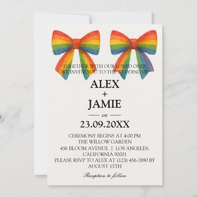 Farbenfrohe Rainbow Bow-Hochzeit Einladung (Vorderseite)
