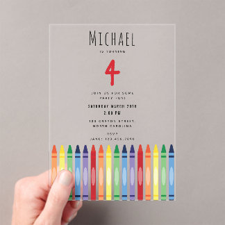 Farbenfrohe Rainbow Crayons Kindergeburtstag Party Acryleinladungen