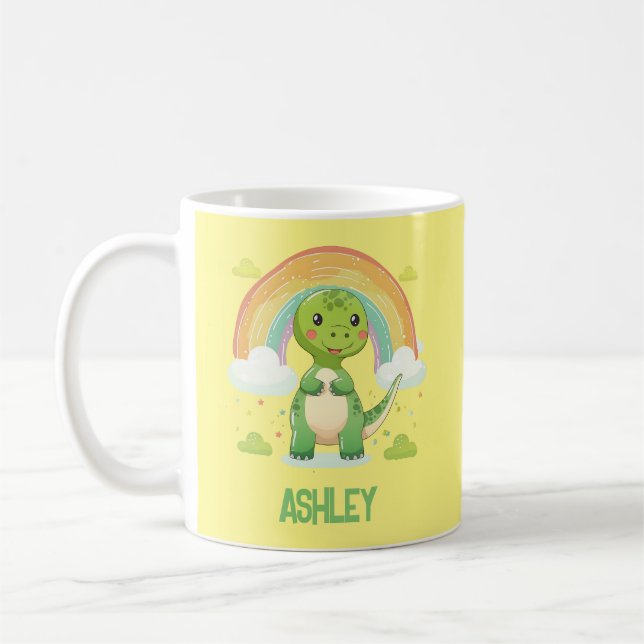 Farbenfrohe Rainbow-Dino mit Kindernamen Kaffeetasse (Links)