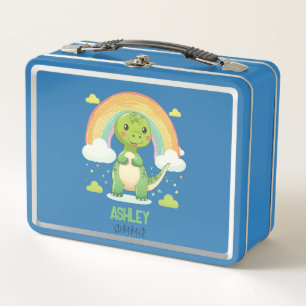 Farbenfrohe Rainbow-Dino mit Kindernamen Metall Brotdose