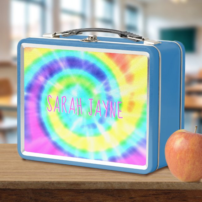 Farbenfrohe Rainbow Gefärbte Krawatte Trippy Metal Metall Brotdose (Trippy tie dye lunch box just for you. Add your name!)