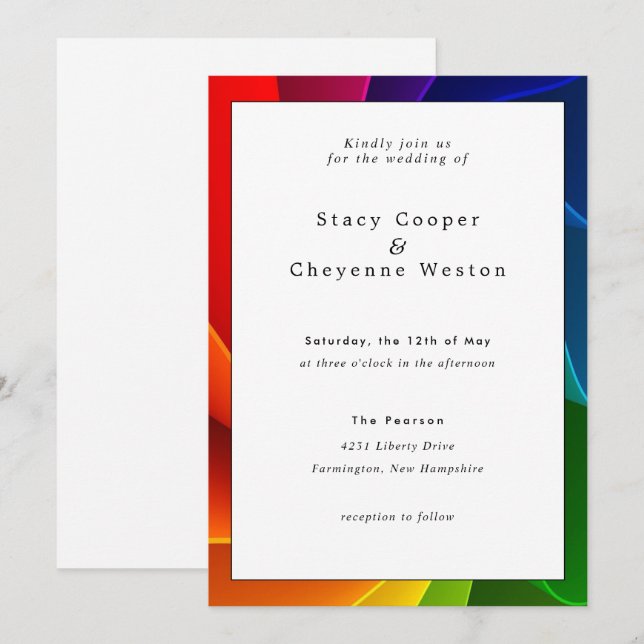 Farbenfrohe Rainbow-Hochzeit Einladung (Vorne/Hinten)