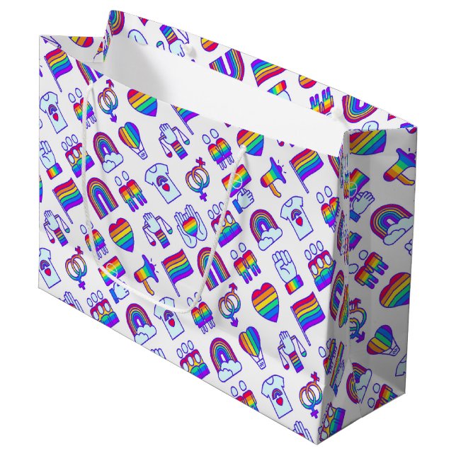 Farbenfrohe Rainbow Icon-Muster Große Geschenktüte (Vorderseite Schrägansicht)