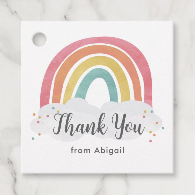 Farbenfrohe Rainbow-Kalligrafie-Kindergeburtstag Geschenkanhänger (Vorderseite)
