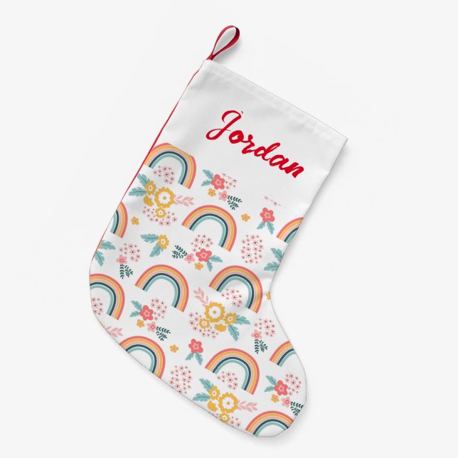 Farbenfrohe Rainbow-Muster Kleiner Weihnachtsstrumpf (Vorderansicht (hängend))