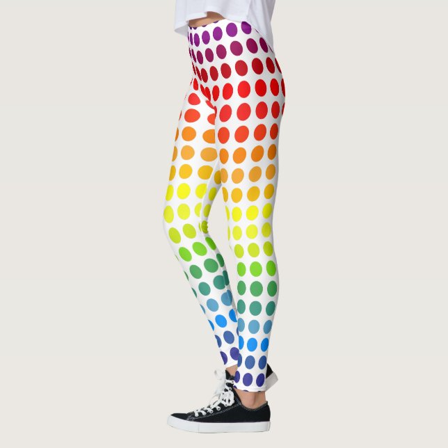 Farbenfrohe Rainbow-Polka-Punkte auf Weiß oder Far Leggings (Links)