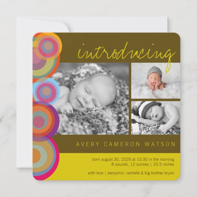 Farbenfrohe Rainbow Pop Circles Birth Announcement Ankündigung (Vorderseite)