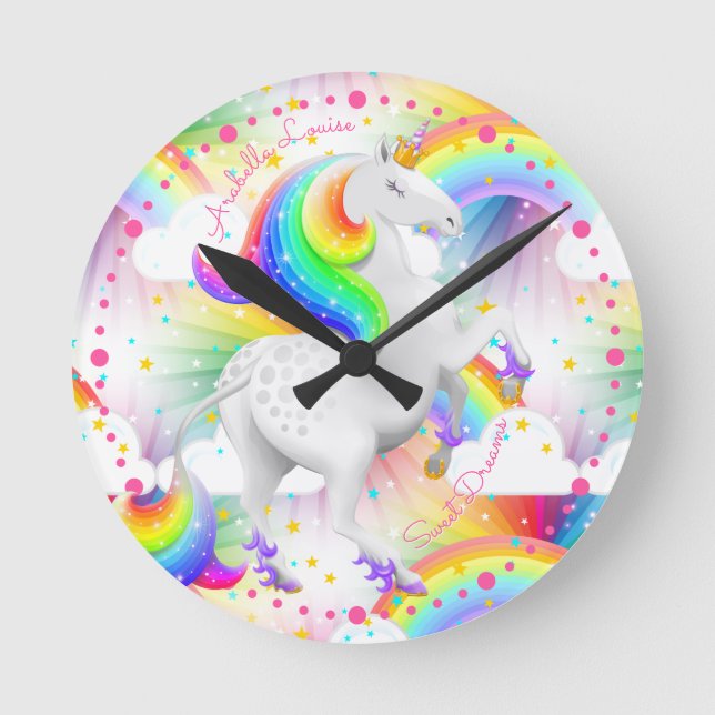 Farbenfrohe Rainbow Unicoress Princess Kinderzimme Runde Wanduhr (Vorderseite)