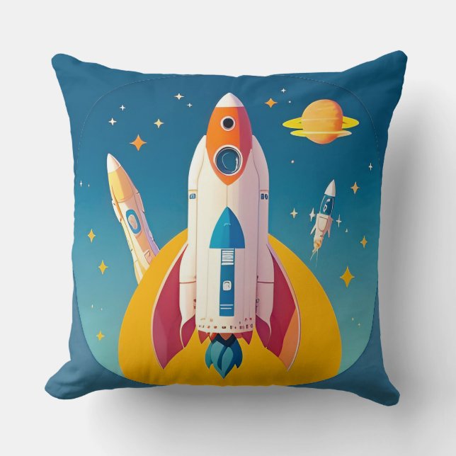Farbenfrohe Raketenstart im pulsierenden Cartoon Kissen (Vorderseite)