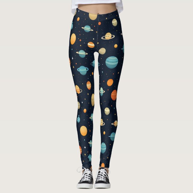 Farbenfrohe Raumplanetenmuster Leggings (Vorderseite)