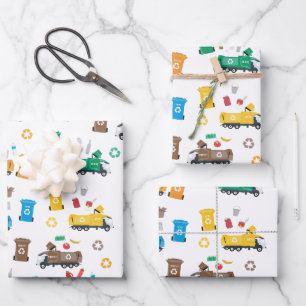 Farbenfrohe Recycelnd Garbage Trucks & Bins Geschenkpapier Set