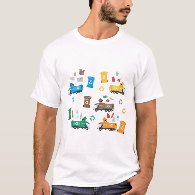 Farbenfrohe Recycelnd Garbage Trucks & Bins T-Shirt (Vorderseite)
