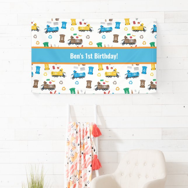 Farbenfrohe Recycelnd Müllwagen & Bins Geburtstag Banner (Insitu)