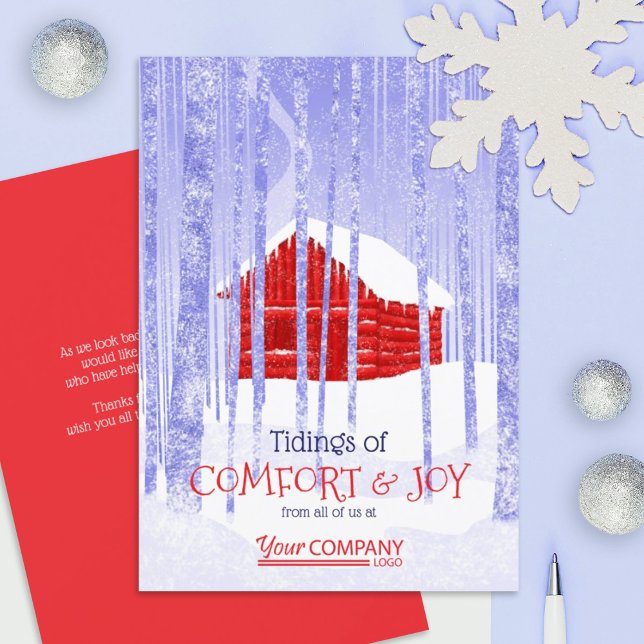 Farbenfrohe Red Blue Company Weihnachten Rustikale Karte (blue & red company holiday cards, red business logo Christmas greeting cards, red cabin snow forest)