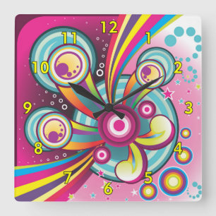 Farbenfrohe Regenbogen, Blasen und Sterne Quadratische Wanduhr