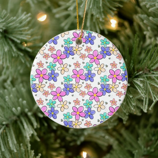 farbenfrohe Regenbogen-Blume Hummeln blühend Keramik Ornament (Baum)