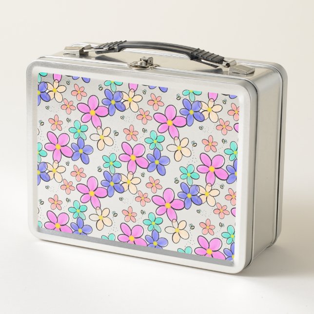 farbenfrohe Regenbogen-Blume Hummeln blühend Metall Brotdose (Vorderseite)