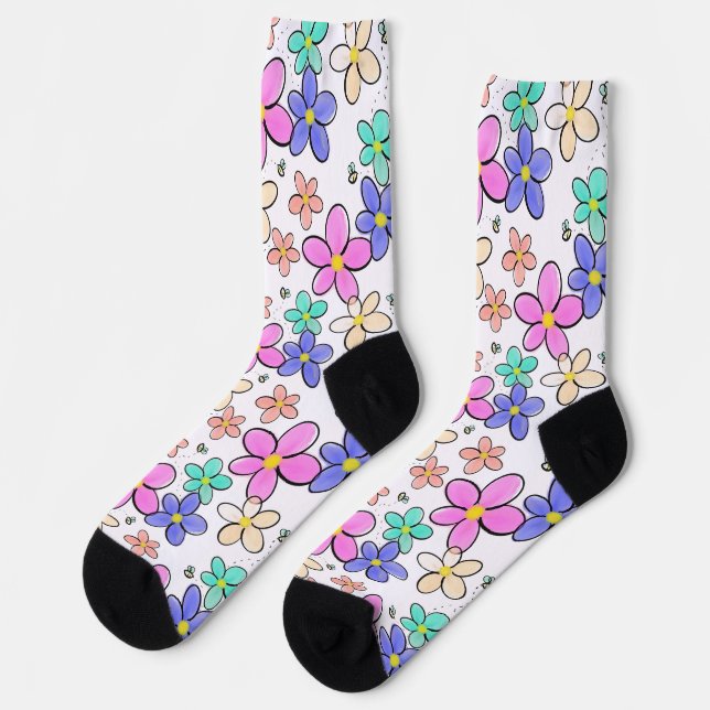 farbenfrohe Regenbogen-Blume Hummeln blühend Socken (Linkes Detail)
