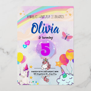 Farbenfrohe Regenbogen-Einhorn Folieneinladung