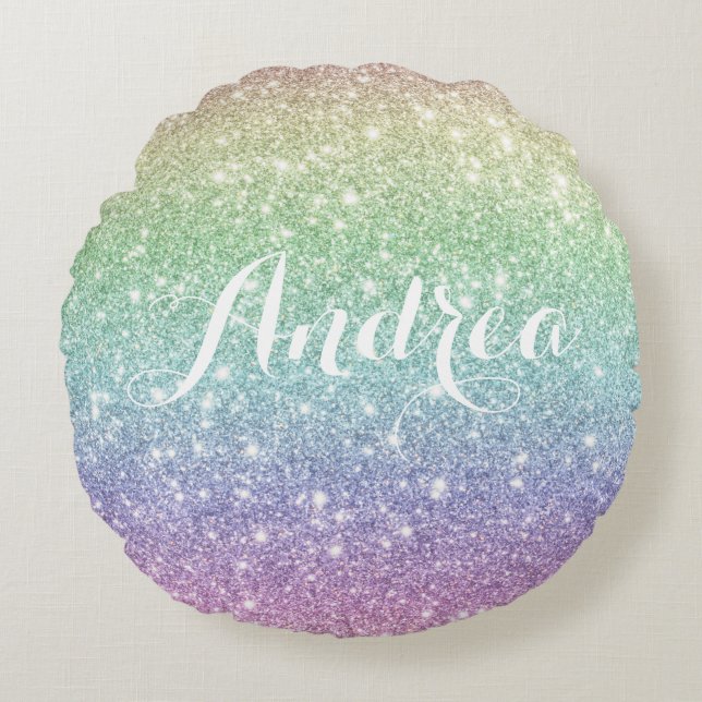 Farbenfrohe Regenbogen-Einhorn-Glitzer-Muster kund Rundes Kissen (Vorderseite)