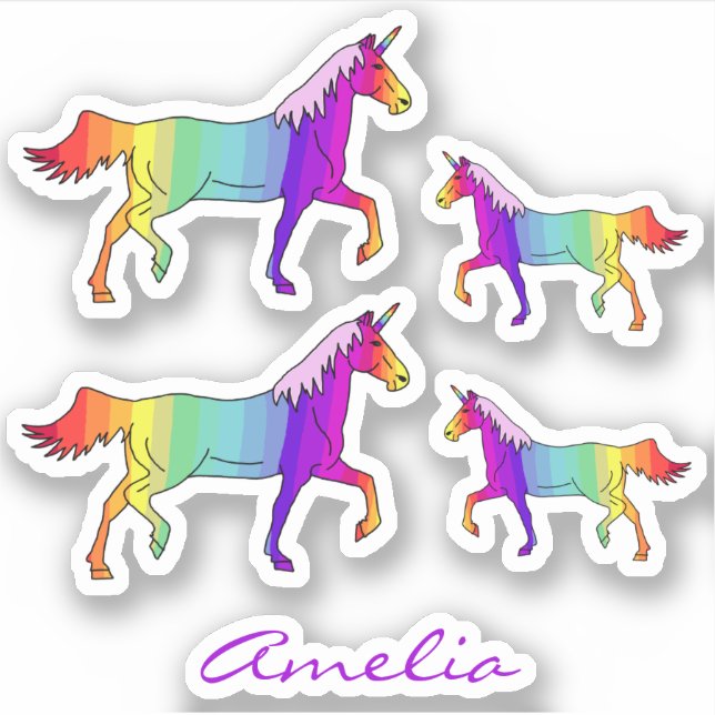 Farbenfrohe Regenbogen Einhorn Name Kinder Aufkleb Aufkleber (Vorderseite)