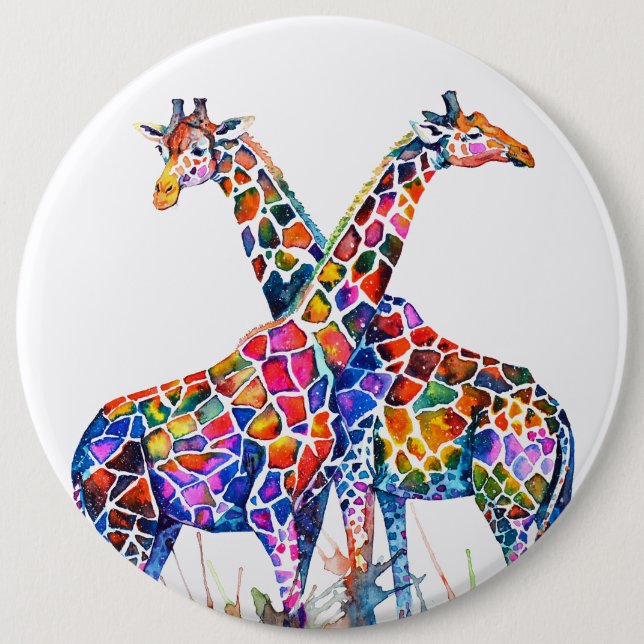 Farbenfrohe Regenbogen Giraffen Wasserfarben Button (Vorderseite)