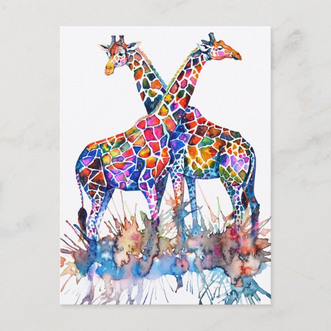 Farbenfrohe Regenbogen Giraffen Wasserfarben Postkarte (Vorderseite)