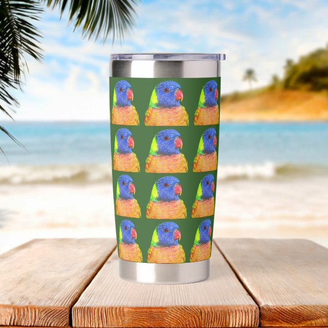 Farbenfrohe Regenbogen Lorikeet Parrot Foto Muster Thermobecher (Strand)