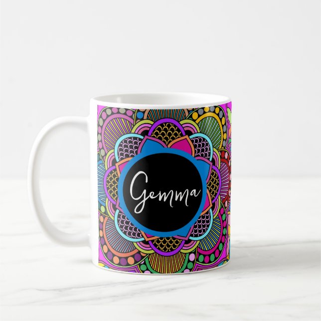Farbenfrohe Regenbogen Mandala Doodle Art Individu Kaffeetasse (Links)