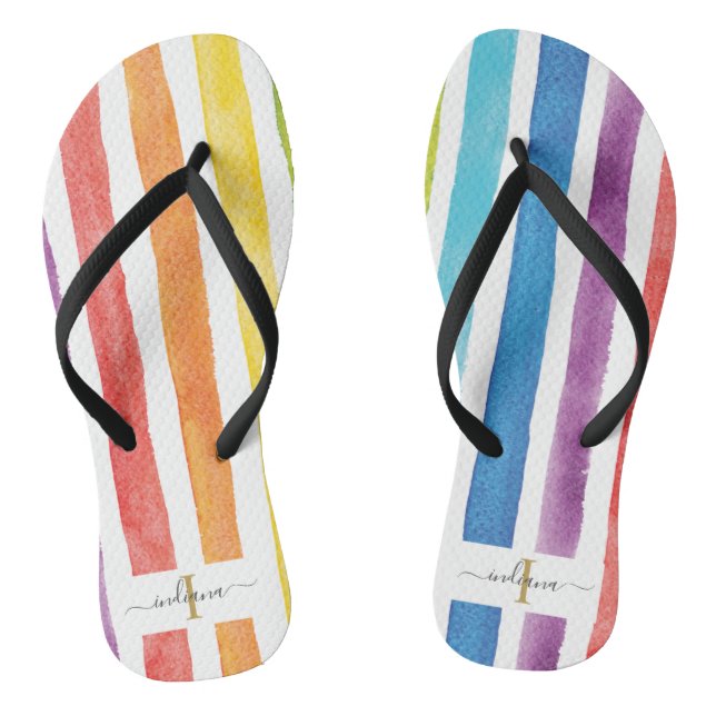 Farbenfrohe Regenbogen-Monogramm-Streifen Niedlich Flip Flops (Fußbett)
