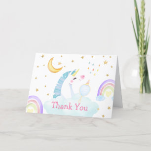 Farbenfrohe Regenbogen-Moon Star Unicorn Kinderdus Dankeskarte