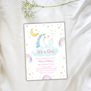 Farbenfrohe Regenbogen-Moon Star Unicorn Kinderdus Einladung