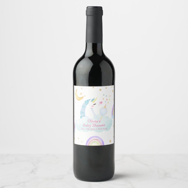 Farbenfrohe Regenbogen-Moon Star Unicorn Kinderdus Weinetikett (Vorderseite)