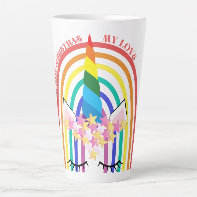 Farbenfrohe Regenbogen Niedlich Einhorn Frohe Weih Milchtasse (Vorderseite)