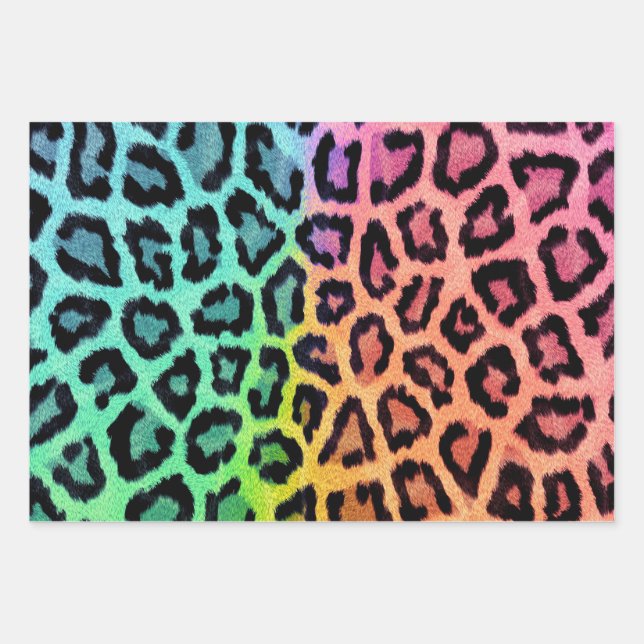 Farbenfrohe Regenbogen Tinte Leopard Druckpunkte W Geschenkpapier Set (Vorderseite)