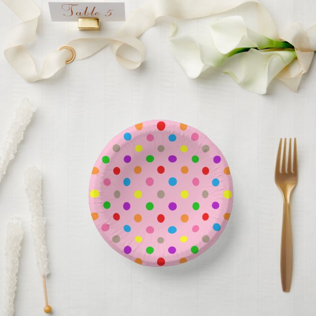 Farbenfrohe Regenbogen-Tupfen Rosa  Pappteller (Hochzeit)