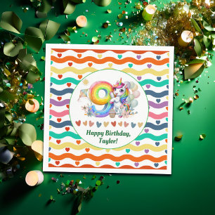 Farbenfrohe Regenbogen und Einhorn 9. Geburtstagsp Serviette