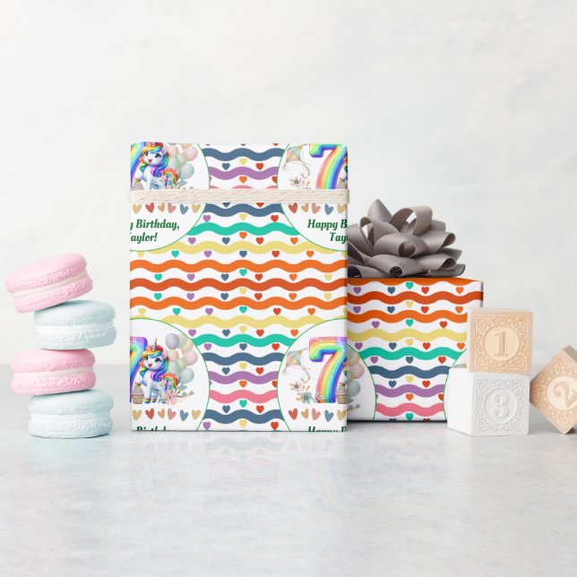 Farbenfrohe Regenbogen- und Einhornfeier 7. Geburt Geschenkpapier (Babyparty)