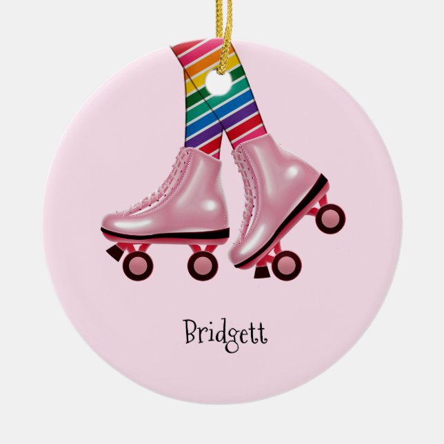 Farbenfrohe Regenbogen- und Rosa-Roller-Skate Keramik Ornament (Vorne)