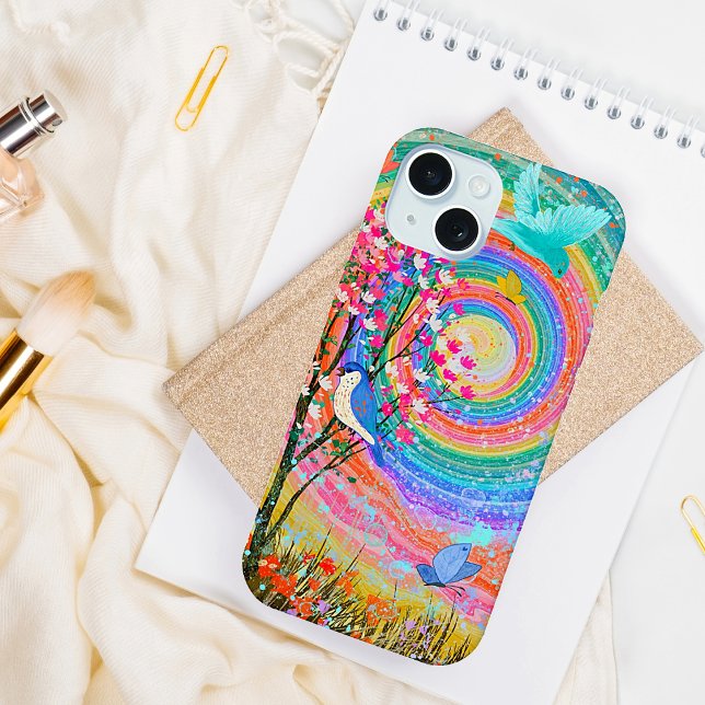 Farbenfrohe Regenbogen-Wildblumen Vögel Schmetterl iPhone 15 Hülle (Colorful Rainbow Wildflowers Birds Butterflies.
)