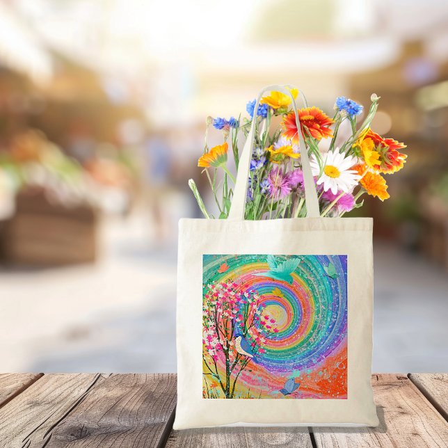 Farbenfrohe Regenbogen-Wildblumen Vögel Schmetterl Tragetasche (Colorful Rainbow Wildflowers Birds Butterflies Tote Bag)